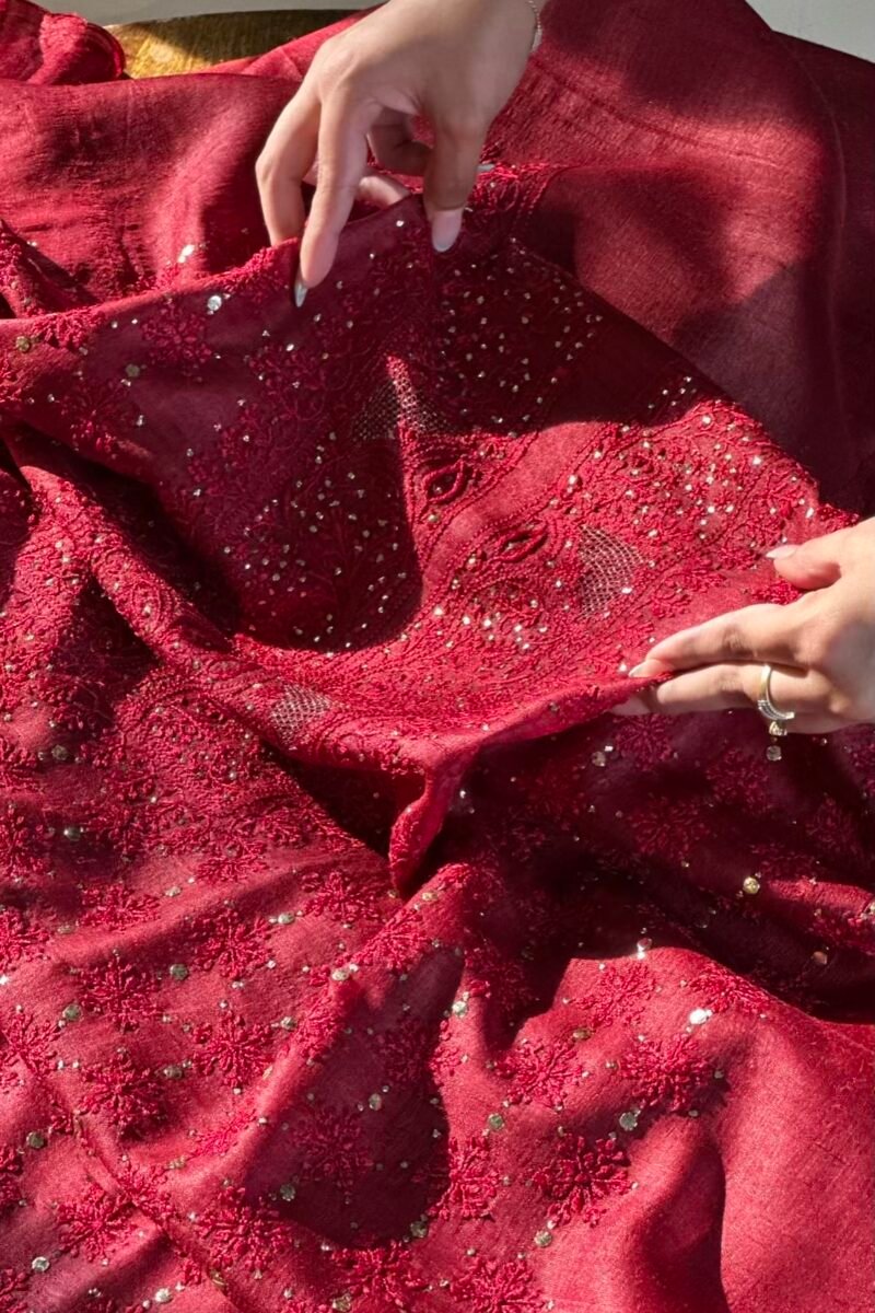Roheen Red Tussar Silk Chikankari Unstitched Kurta Dupatta Fabrics Set