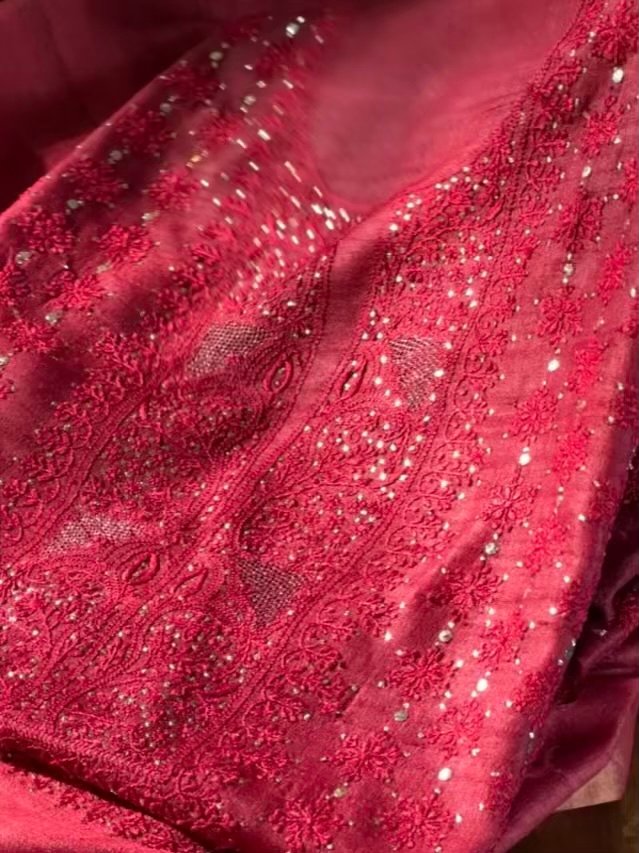 Roheen Red Tussar Silk Chikankari Unstitched Kurta Dupatta Fabrics Set
