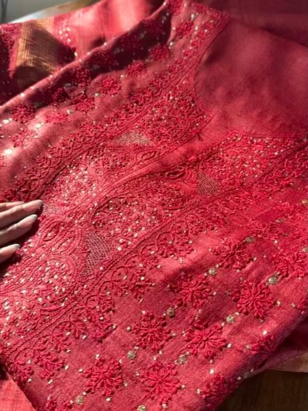Roheen Red Tussar Silk Chikankari Unstitched Kurta Dupatta Fabrics Set - Image 13