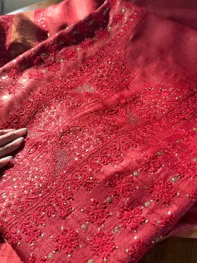 Roheen Red Tussar Silk Chikankari Unstitched Kurta Dupatta Fabrics Set