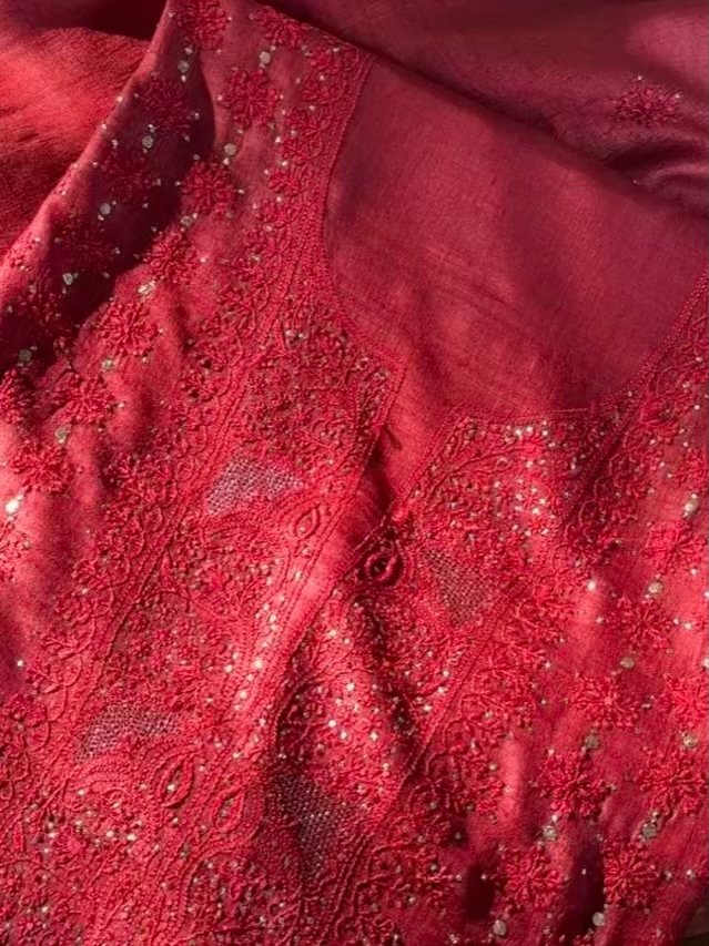 Roheen Red Tussar Silk Chikankari Unstitched Kurta Dupatta Fabrics Set