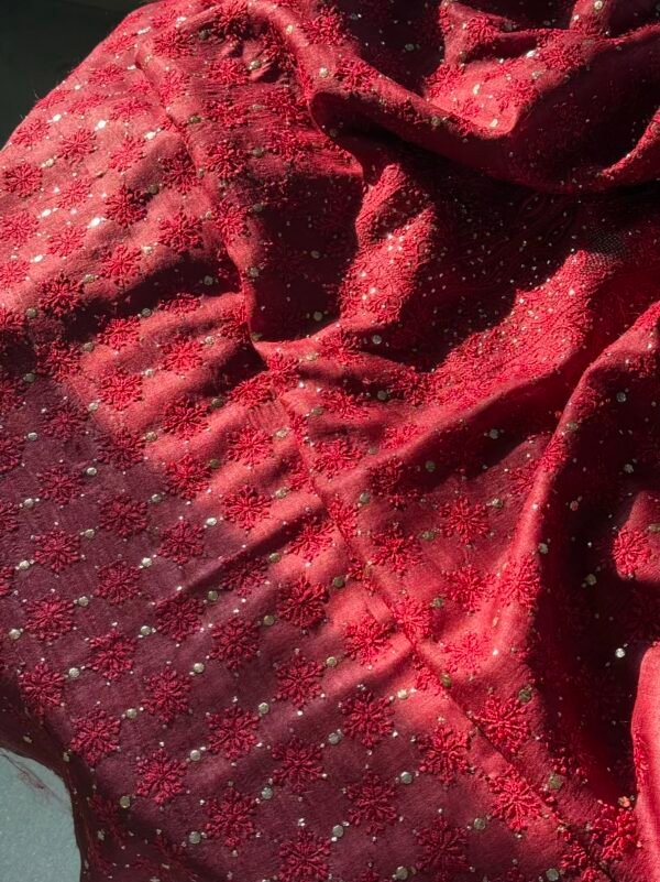 Roheen Red Tussar Silk Chikankari Unstitched Kurta Dupatta Fabrics Set - Image 12