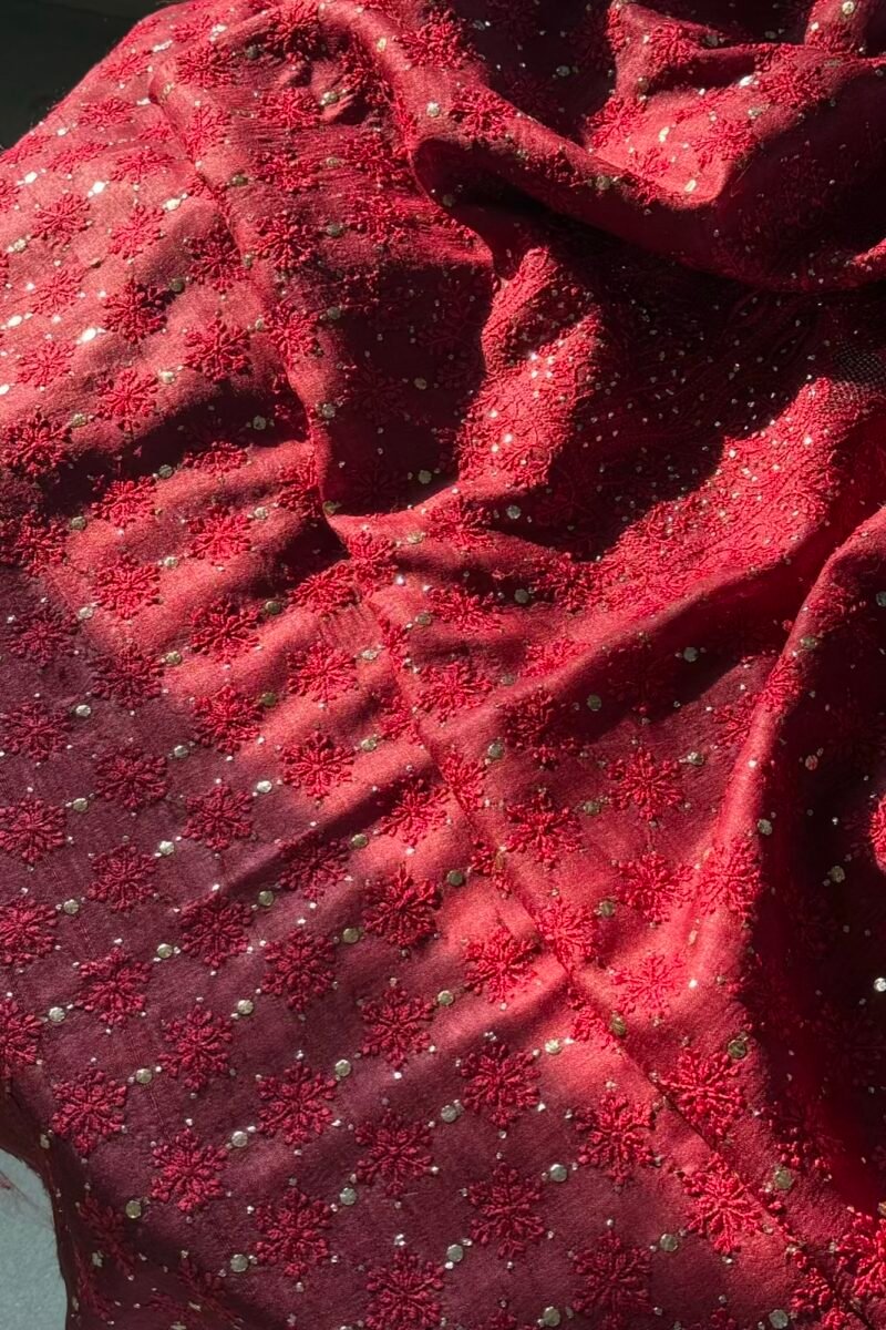 Roheen Red Tussar Silk Chikankari Unstitched Kurta Dupatta Fabrics Set