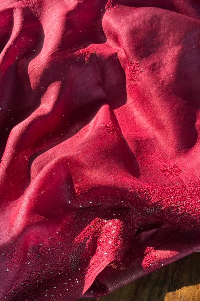 Roheen Red Tussar Silk Chikankari Unstitched Kurta Dupatta Fabrics Set