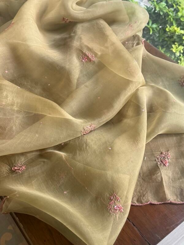 Green Noor Organza Silk Chikankari Unstitched Kurta Dupatta Set - Image 9