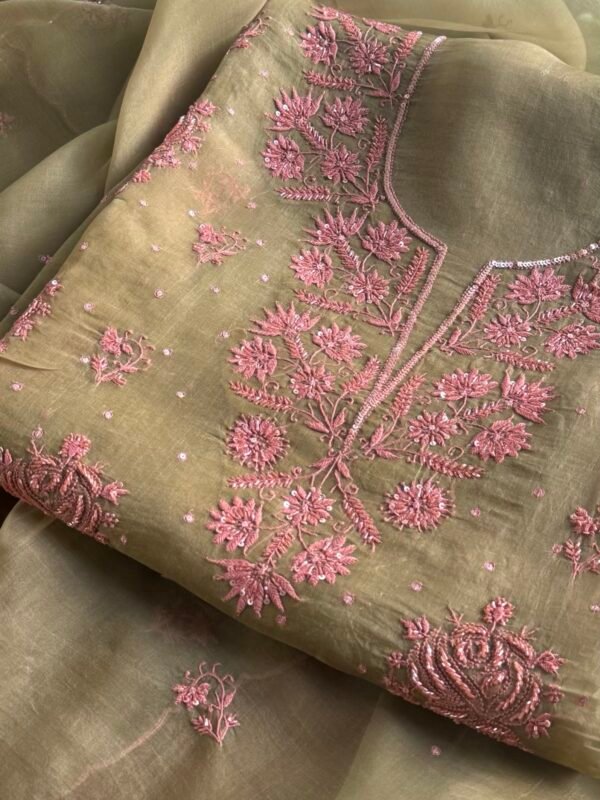 Green Noor Organza Silk Chikankari Unstitched Kurta Dupatta Set - Image 5