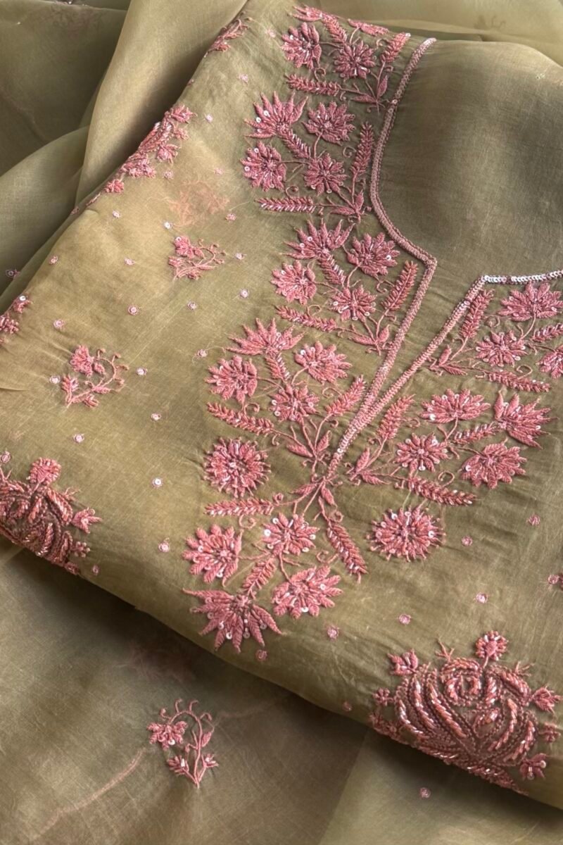 Green Noor Organza Silk Chikankari Unstitched Kurta Dupatta Set