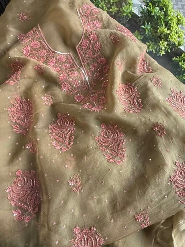 Green Noor Organza Silk Chikankari Unstitched Kurta Dupatta Set - Image 6