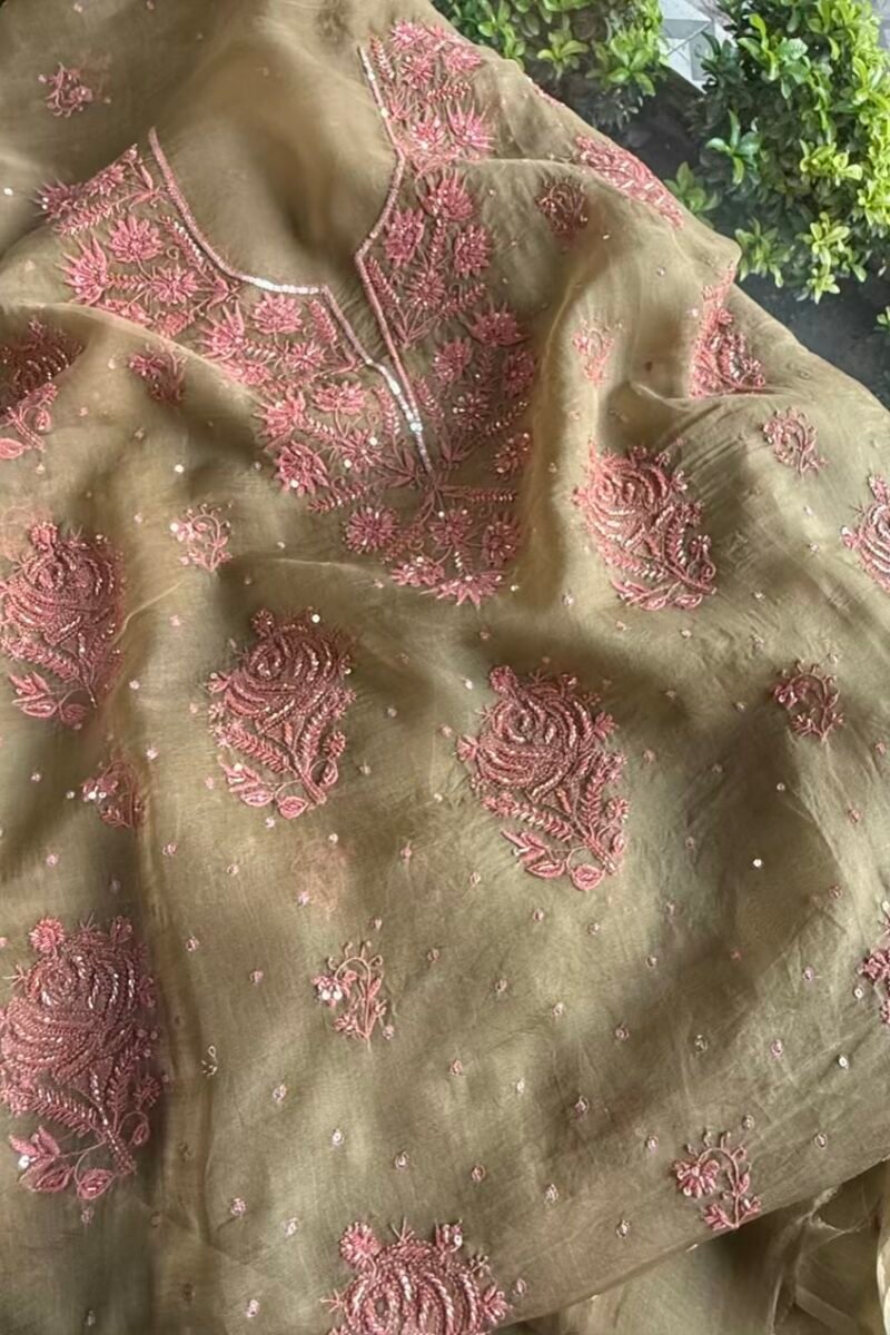Green Noor Organza Silk Chikankari Unstitched Kurta Dupatta Set
