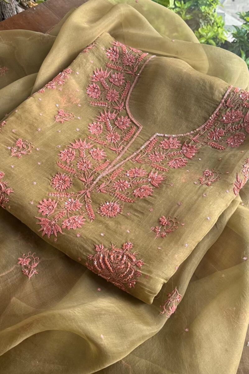Green Noor Organza Silk Chikankari Unstitched Kurta Dupatta Set