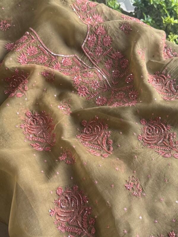 Green Noor Organza Silk Chikankari Unstitched Kurta Dupatta Set - Image 3