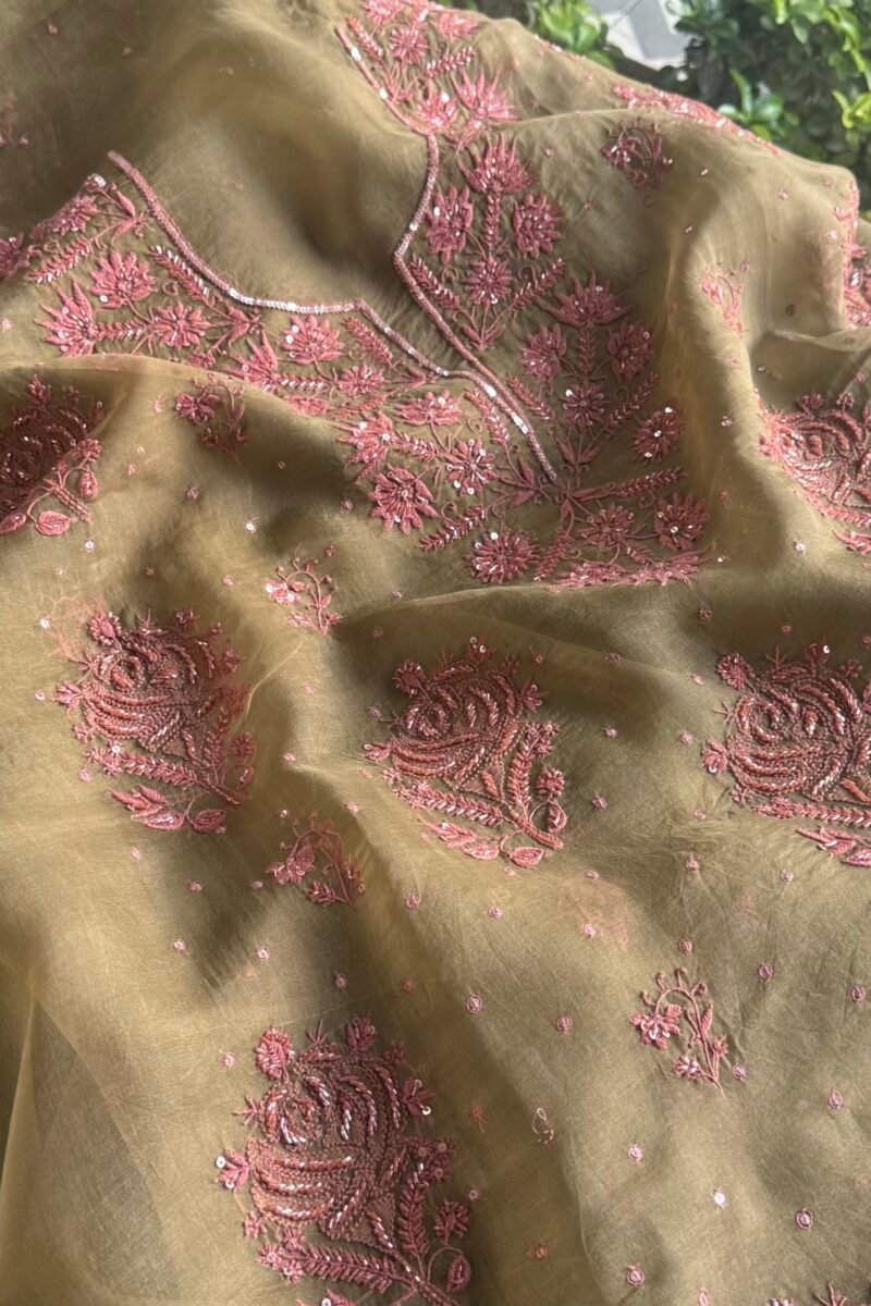 Green Noor Organza Silk Chikankari Unstitched Kurta Dupatta Set