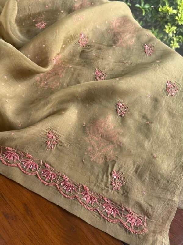 Green Noor Organza Silk Chikankari Unstitched Kurta Dupatta Set - Image 7