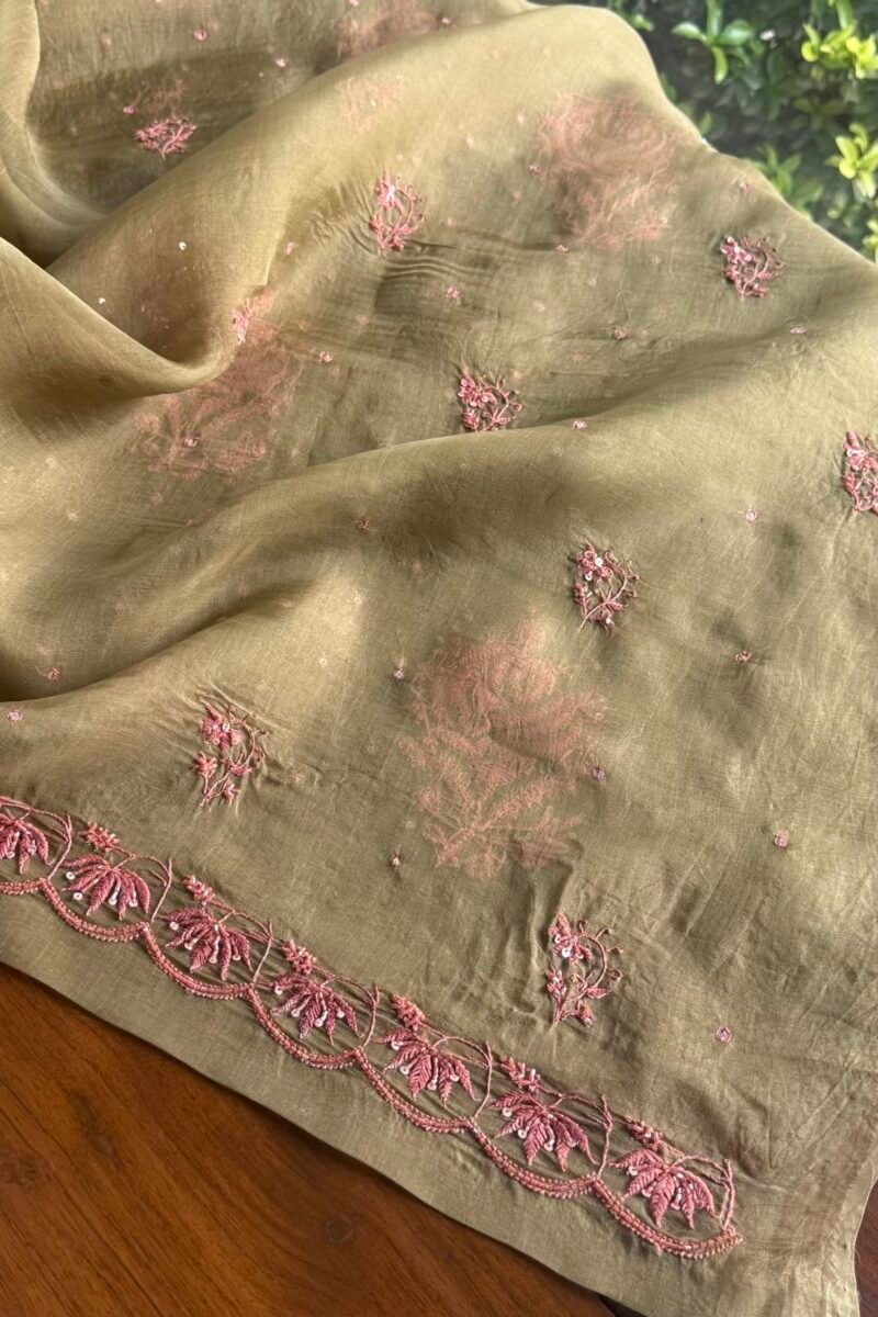 Green Noor Organza Silk Chikankari Unstitched Kurta Dupatta Set