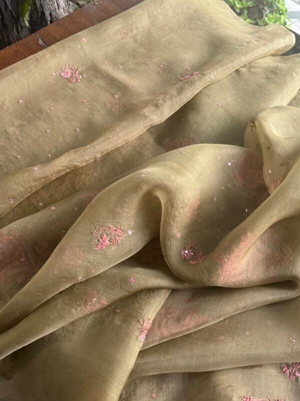 Green Noor Organza Silk Chikankari Unstitched Kurta Dupatta Set - Image 8