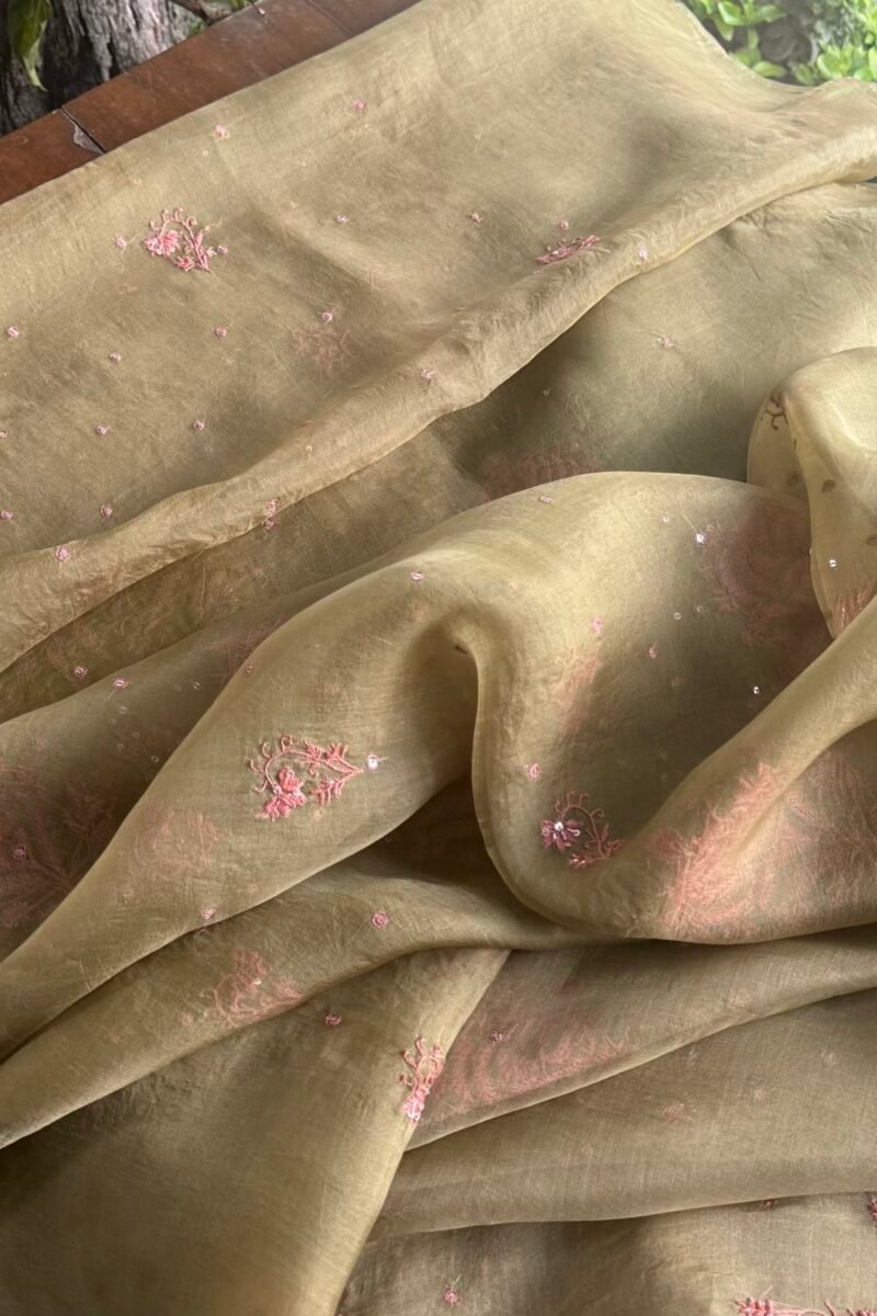 Green Noor Organza Silk Chikankari Unstitched Kurta Dupatta Set