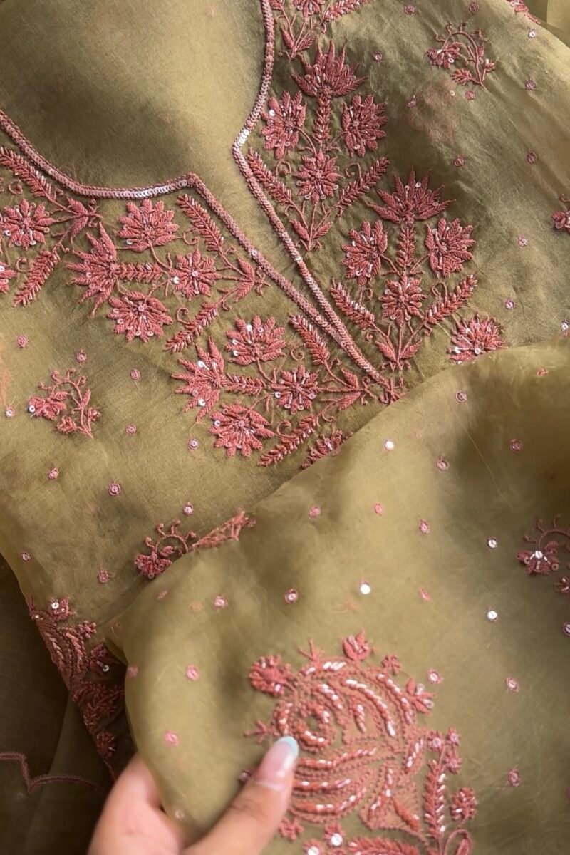 Green Noor Organza Silk Chikankari Unstitched Kurta Dupatta Set