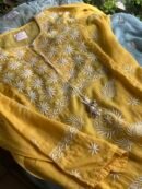 Yellow Semi Stitched Kota Chikankari Kurta Dupatta Set With All Over Mukaish Kamdani Work