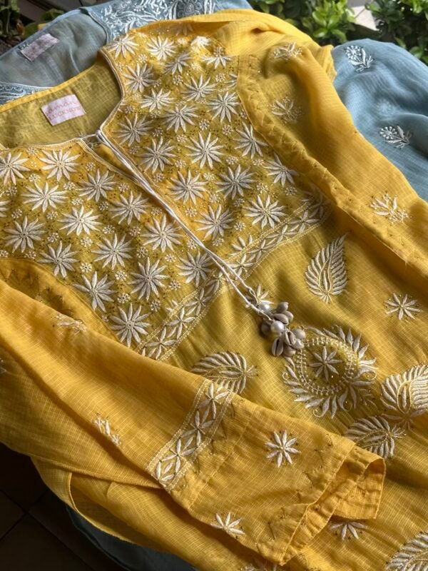 Yellow Semi Stitched Kota Chikankari Kurta Dupatta Set With All Over Mukaish Kamdani Work