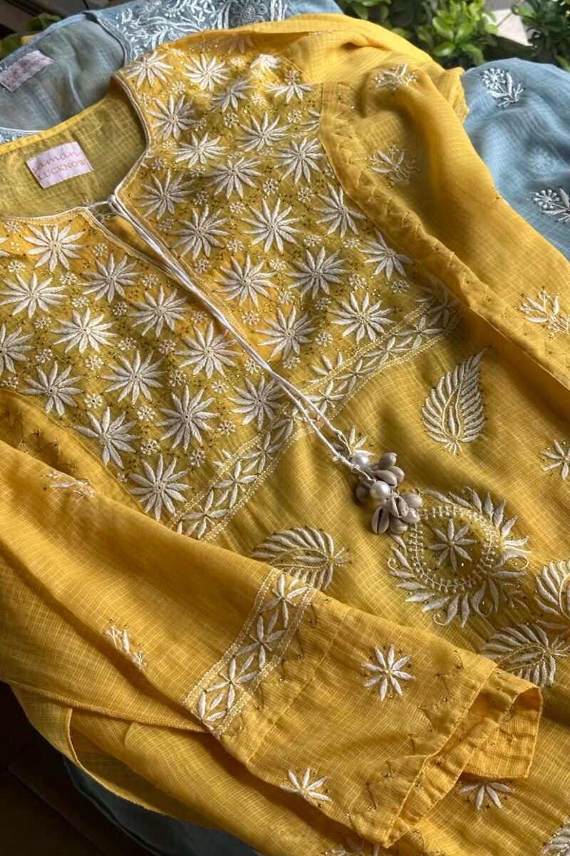 Yellow Semi Stitched Kota Chikankari Kurta Dupatta Set With All Over Mukaish Kamdani Work