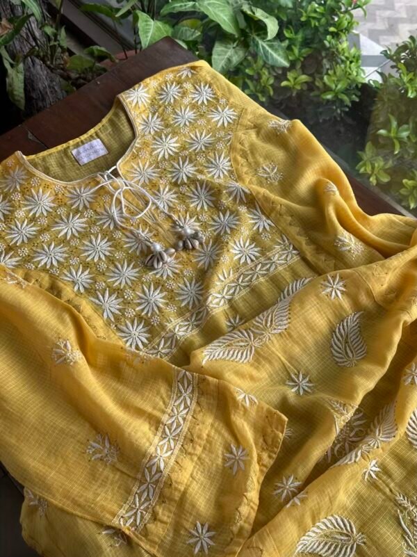 Yellow Semi Stitched Kota Chikankari Kurta Dupatta Set With All Over Mukaish Kamdani Work - Image 2
