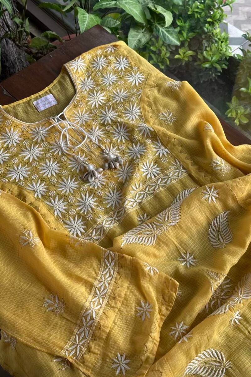 Yellow Semi Stitched Kota Chikankari Kurta Dupatta Set With All Over Mukaish Kamdani Work