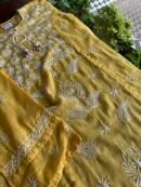 Yellow Semi Stitched Kota Chikankari Kurta Dupatta Set With All Over Mukaish Kamdani Work