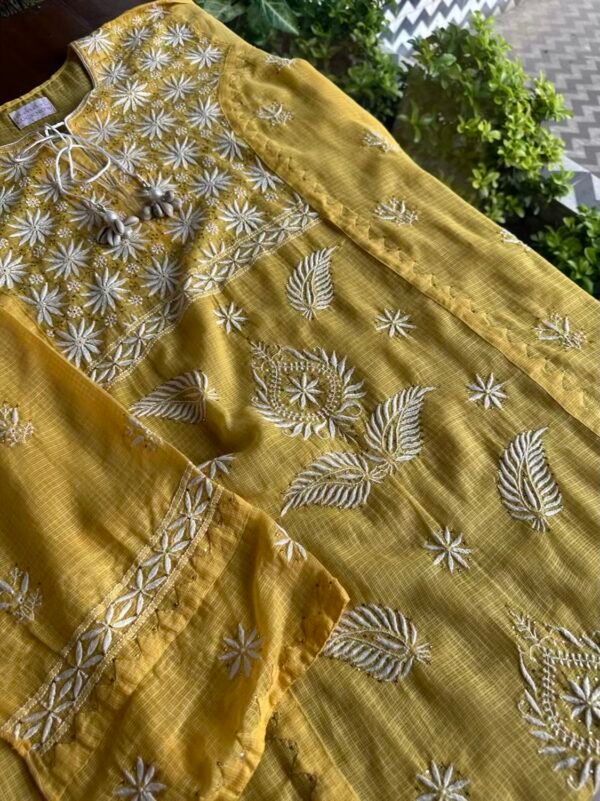 Yellow Semi Stitched Kota Chikankari Kurta Dupatta Set With All Over Mukaish Kamdani Work - Image 5