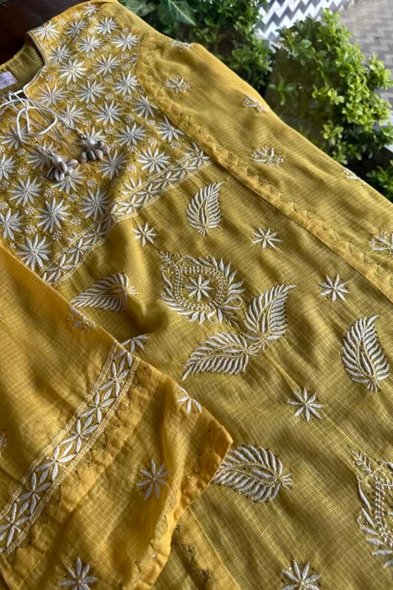 Yellow Semi Stitched Kota Chikankari Kurta Dupatta Set With All Over Mukaish Kamdani Work