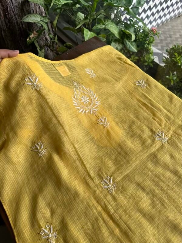 Yellow Semi Stitched Kota Chikankari Kurta Dupatta Set With All Over Mukaish Kamdani Work - Image 4