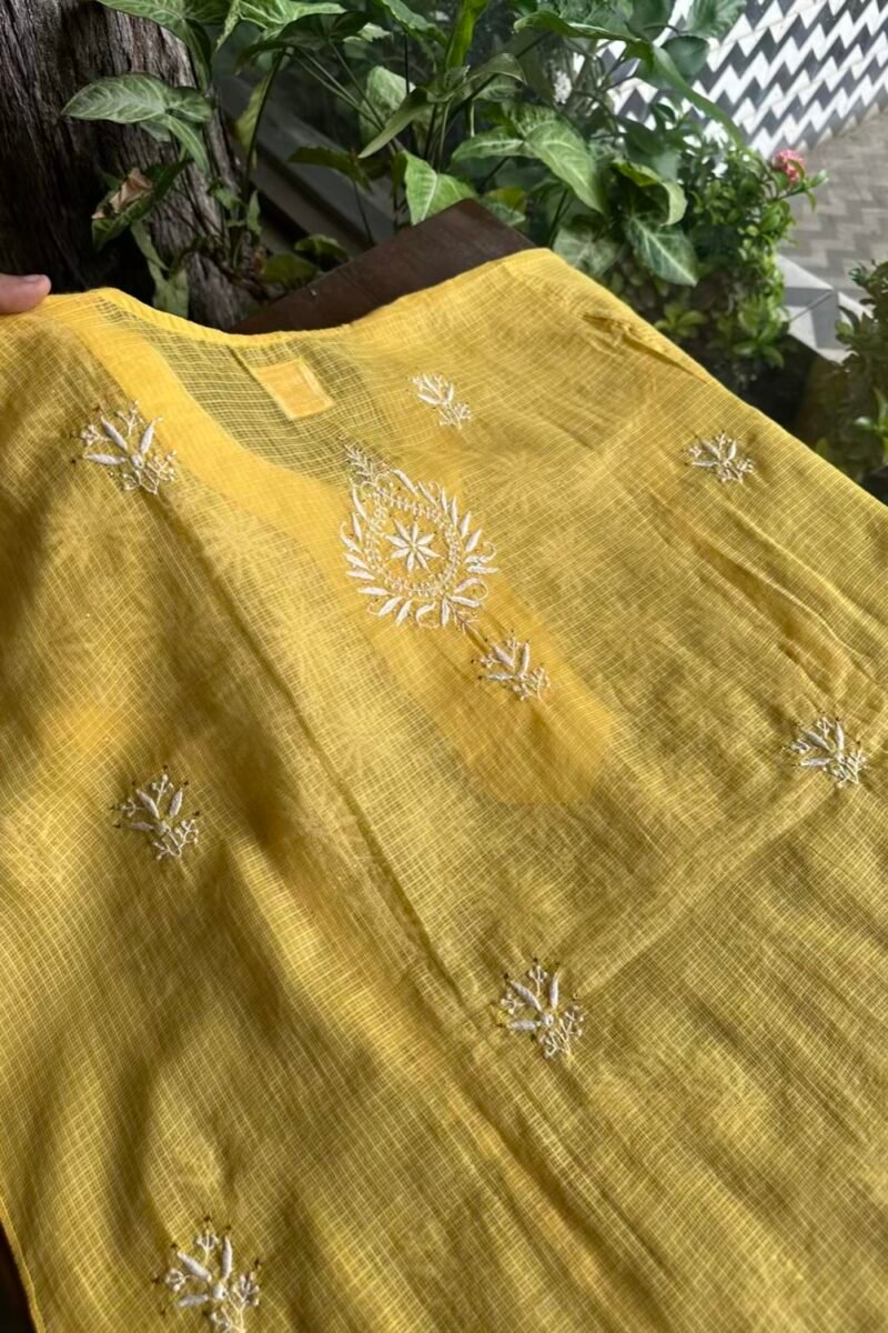 Yellow Semi Stitched Kota Chikankari Kurta Dupatta Set With All Over Mukaish Kamdani Work