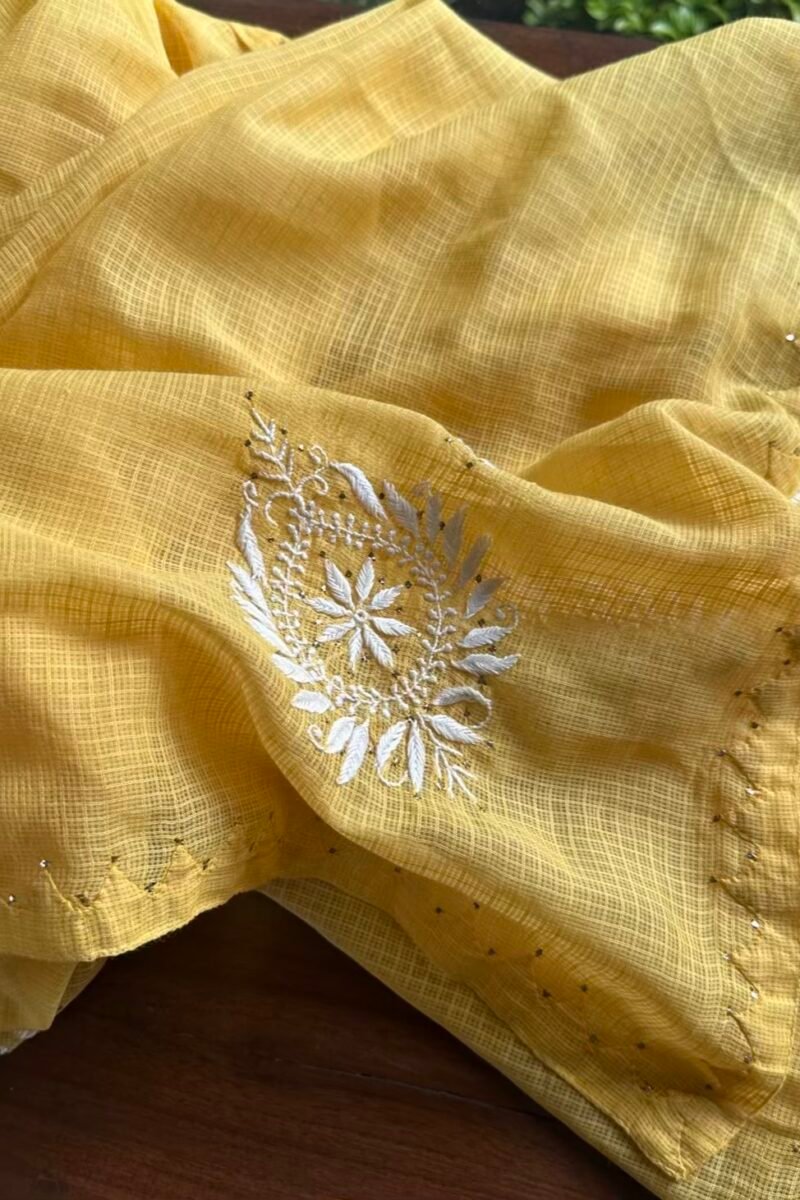Yellow Semi Stitched Kota Chikankari Kurta Dupatta Set With All Over Mukaish Kamdani Work