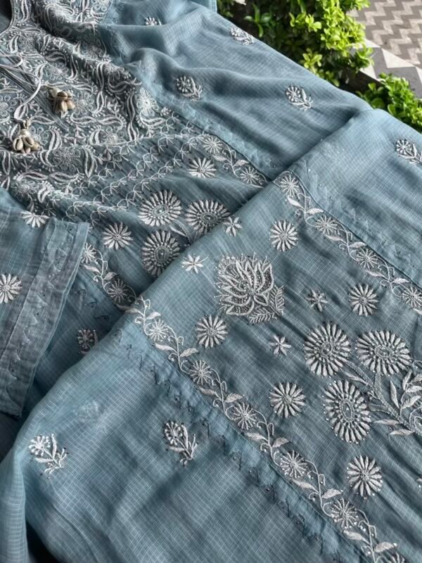 Blue Semi Stitched Kota Chikankari Kurta Dupatta Set With All Over Mukaish Kamdani Work - Image 3