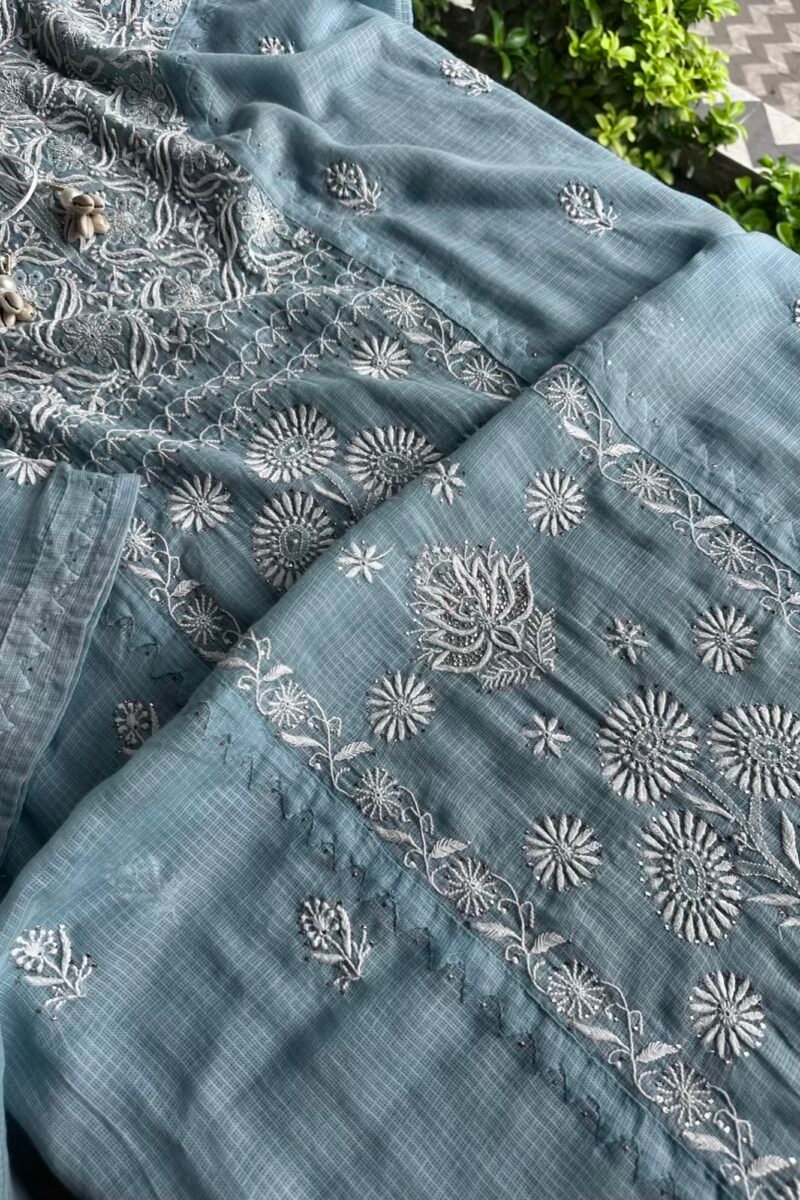 Blue Semi Stitched Kota Chikankari Kurta Dupatta Set With All Over Mukaish Kamdani Work