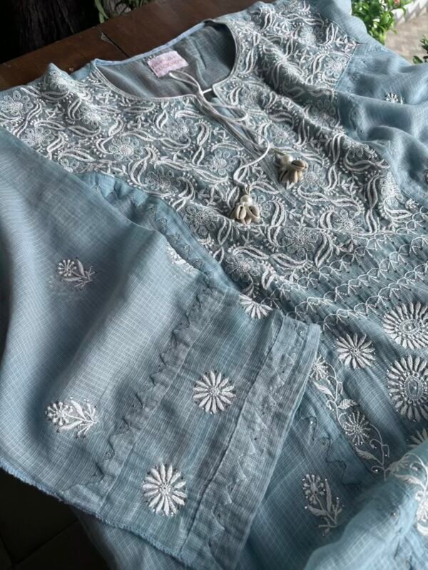 Blue Semi Stitched Kota Chikankari Kurta Dupatta Set With All Over Mukaish Kamdani Work - Image 2