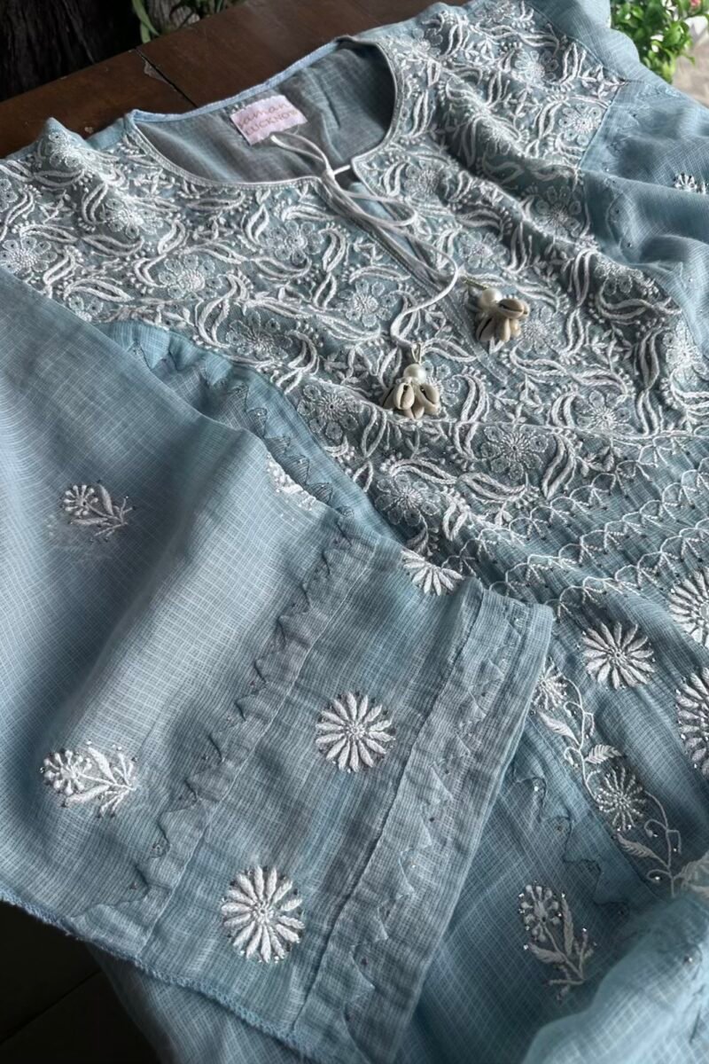 Blue Semi Stitched Kota Chikankari Kurta Dupatta Set With All Over Mukaish Kamdani Work