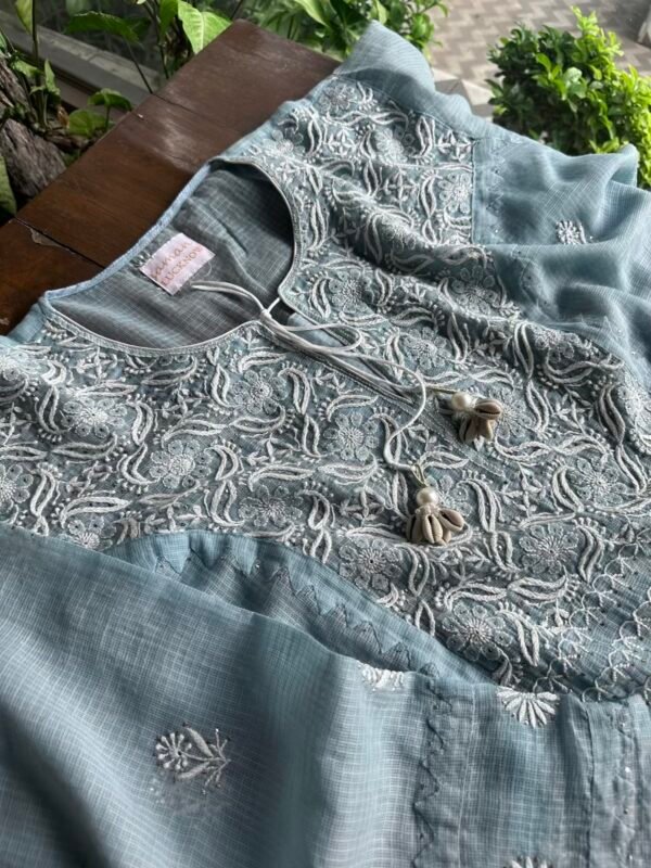 Blue Semi Stitched Kota Chikankari Kurta Dupatta Set With All Over Mukaish Kamdani Work