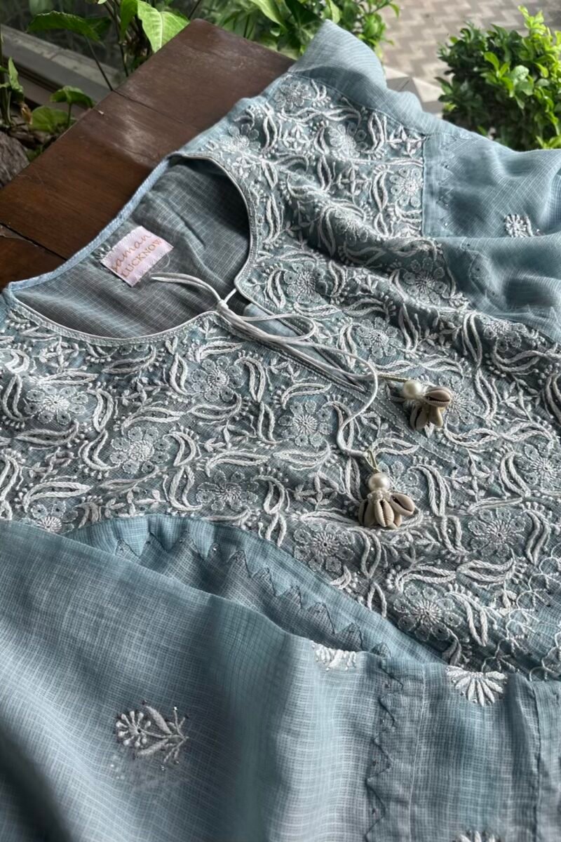 Blue Semi Stitched Kota Chikankari Kurta Dupatta Set With All Over Mukaish Kamdani Work