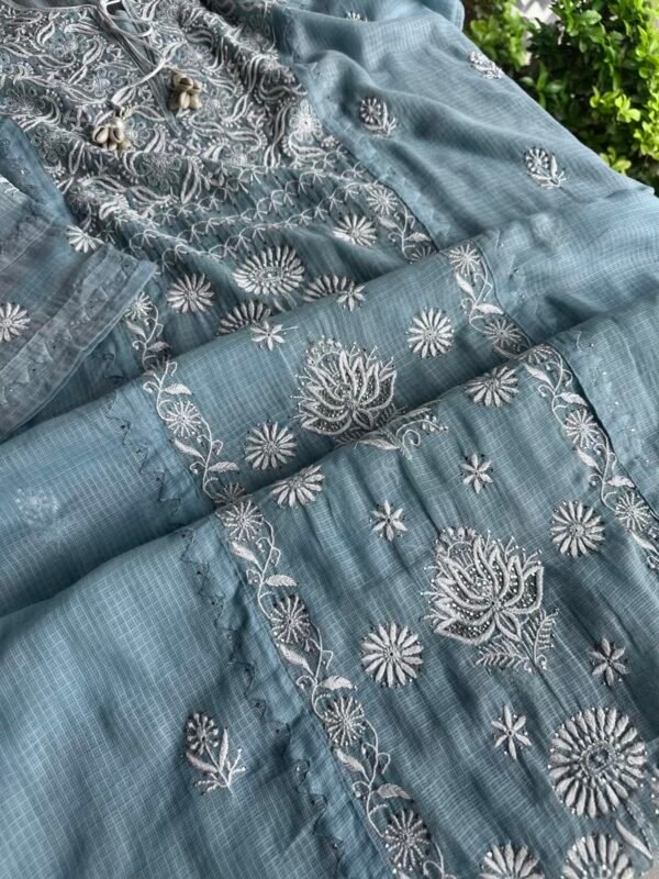 Blue Semi Stitched Kota Chikankari Kurta Dupatta Set With All Over Mukaish Kamdani Work - Image 4