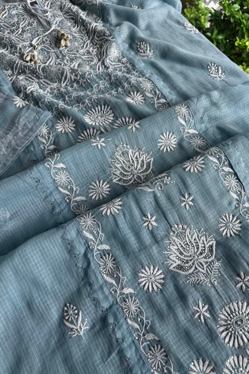 Blue Semi Stitched Kota Chikankari Kurta Dupatta Set With All Over Mukaish Kamdani Work