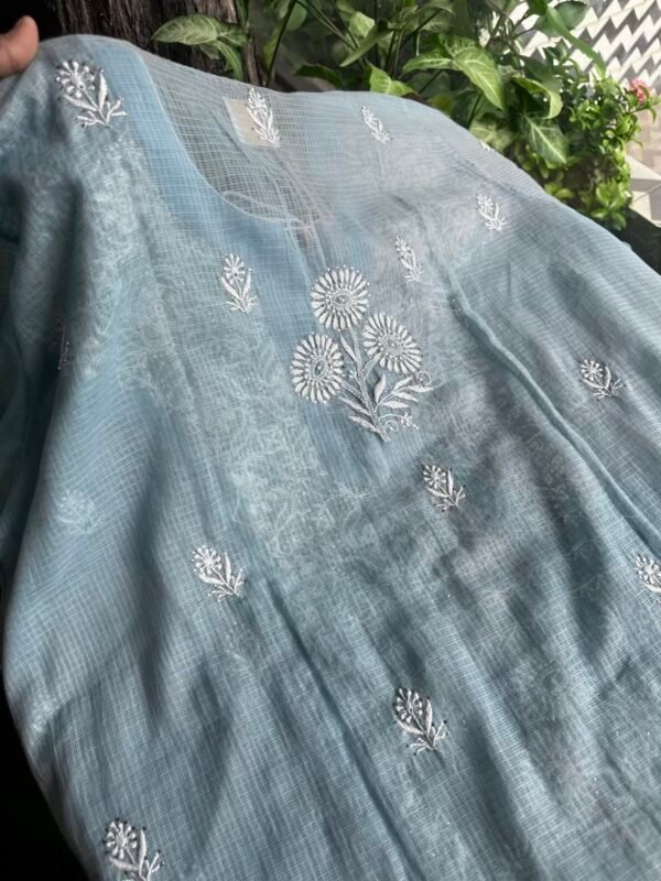 Blue Semi Stitched Kota Chikankari Kurta Dupatta Set With All Over Mukaish Kamdani Work - Image 6