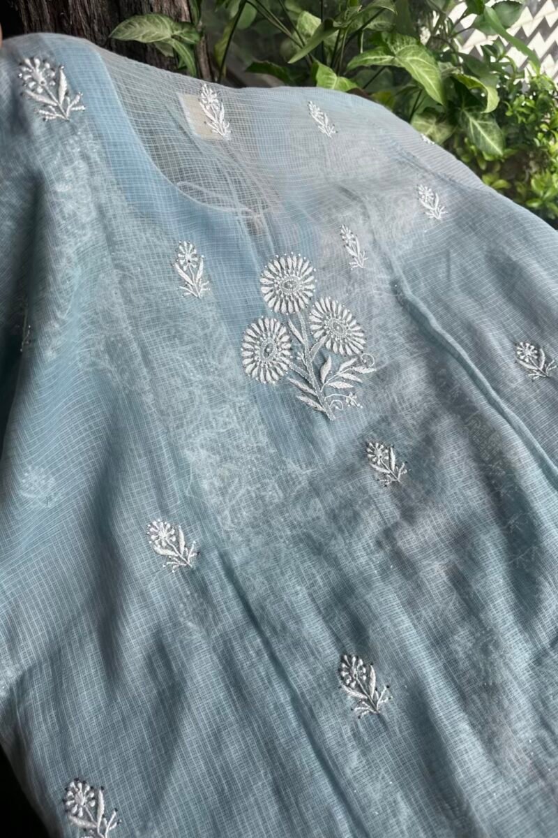 Blue Semi Stitched Kota Chikankari Kurta Dupatta Set With All Over Mukaish Kamdani Work