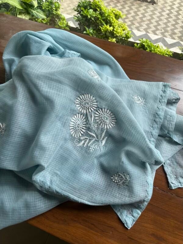 Blue Semi Stitched Kota Chikankari Kurta Dupatta Set With All Over Mukaish Kamdani Work - Image 5