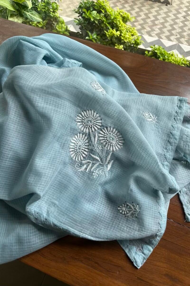 Blue Semi Stitched Kota Chikankari Kurta Dupatta Set With All Over Mukaish Kamdani Work