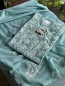 Green Semi Stitched Kota Chikankari Kurta Dupatta Set With All Over Mukaish Kamdani Work