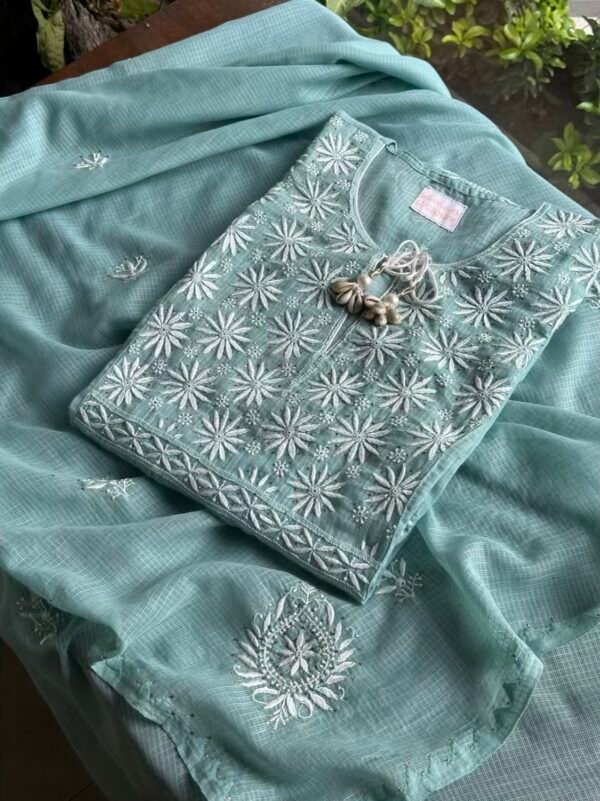 Green Semi Stitched Kota Chikankari Kurta Dupatta Set With All Over Mukaish Kamdani Work