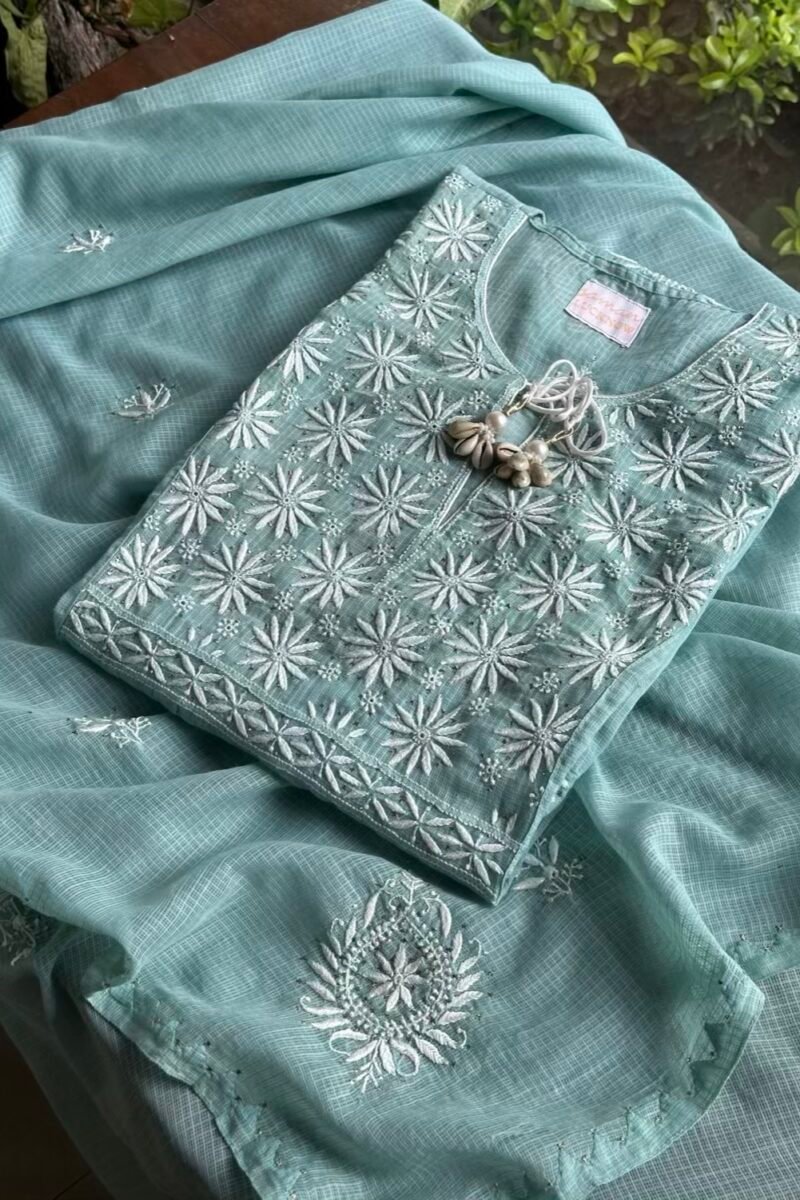 Green Semi Stitched Kota Chikankari Kurta Dupatta Set With All Over Mukaish Kamdani Work