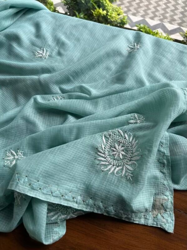 Green Semi Stitched Kota Chikankari Kurta Dupatta Set With All Over Mukaish Kamdani Work - Image 6