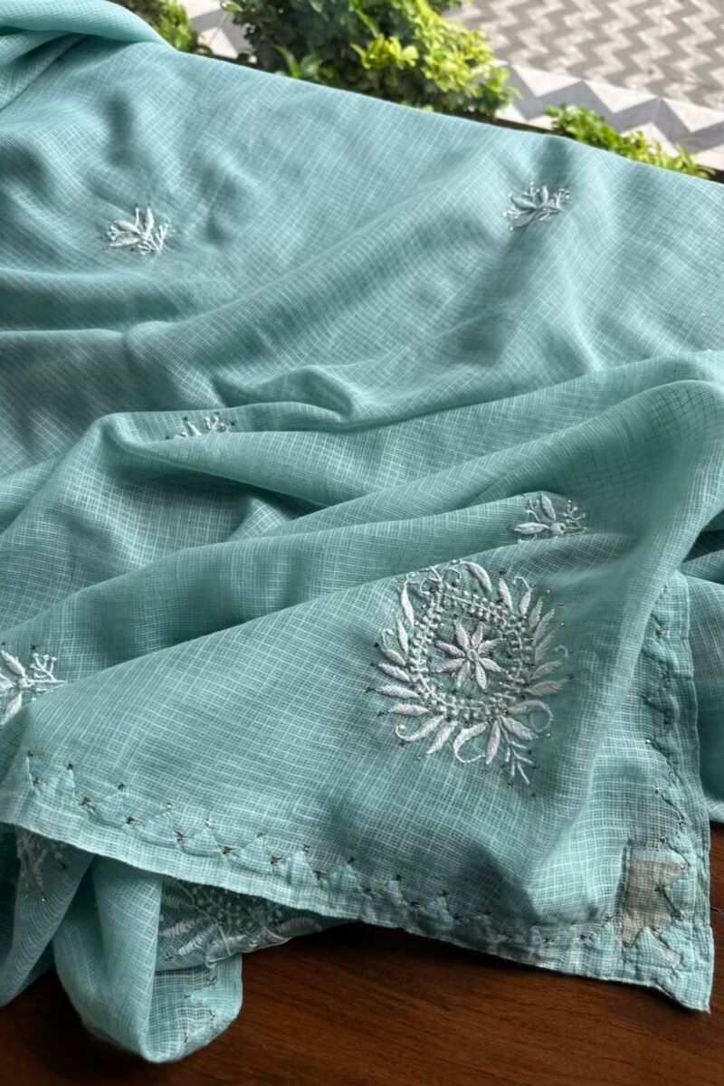 Green Semi Stitched Kota Chikankari Kurta Dupatta Set With All Over Mukaish Kamdani Work