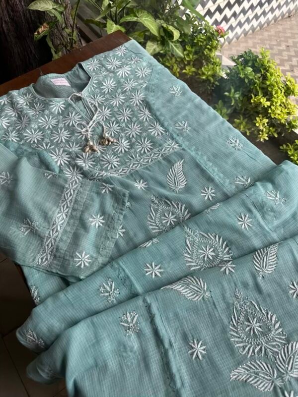 Green Semi Stitched Kota Chikankari Kurta Dupatta Set With All Over Mukaish Kamdani Work - Image 5